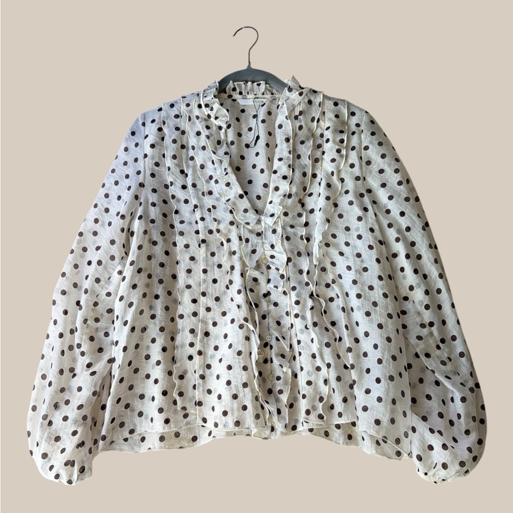 Zara Cream Ruffle Polka Dot Blouse - Brown Dots